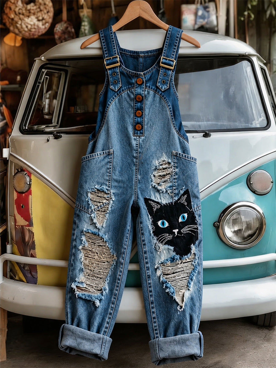 Women's Retro Style Art Print Washed Cotton Denim Patchwork Jumpsuit